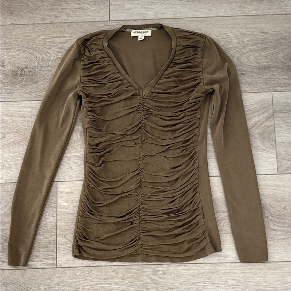 Vintage Burberry Olive Ruched V-Neck Long Sleeve Top